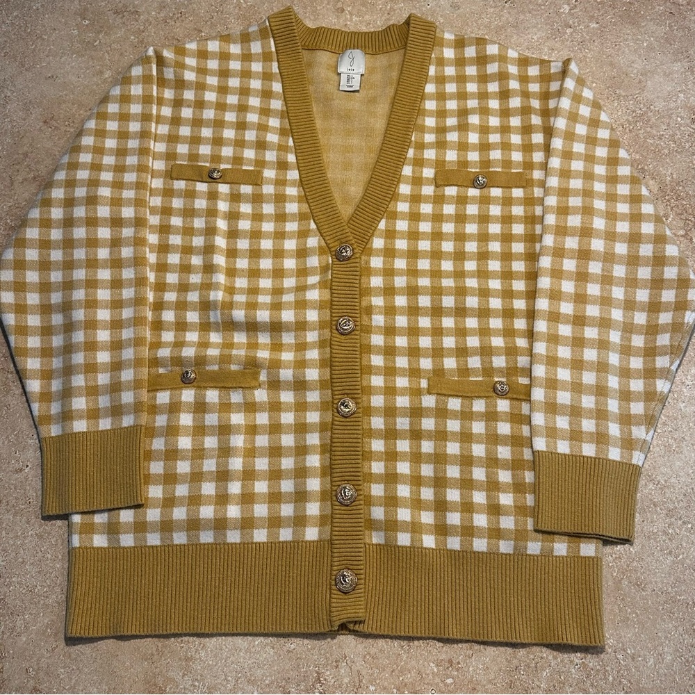 Joie Plaid Yellow and White Cardigan with Gold Buttons